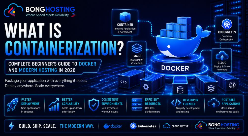 Containerization beginner guide infographic showing Docker containers Kubernetes orchestration and modern cloud hosting infrastructure with BongHosting branding