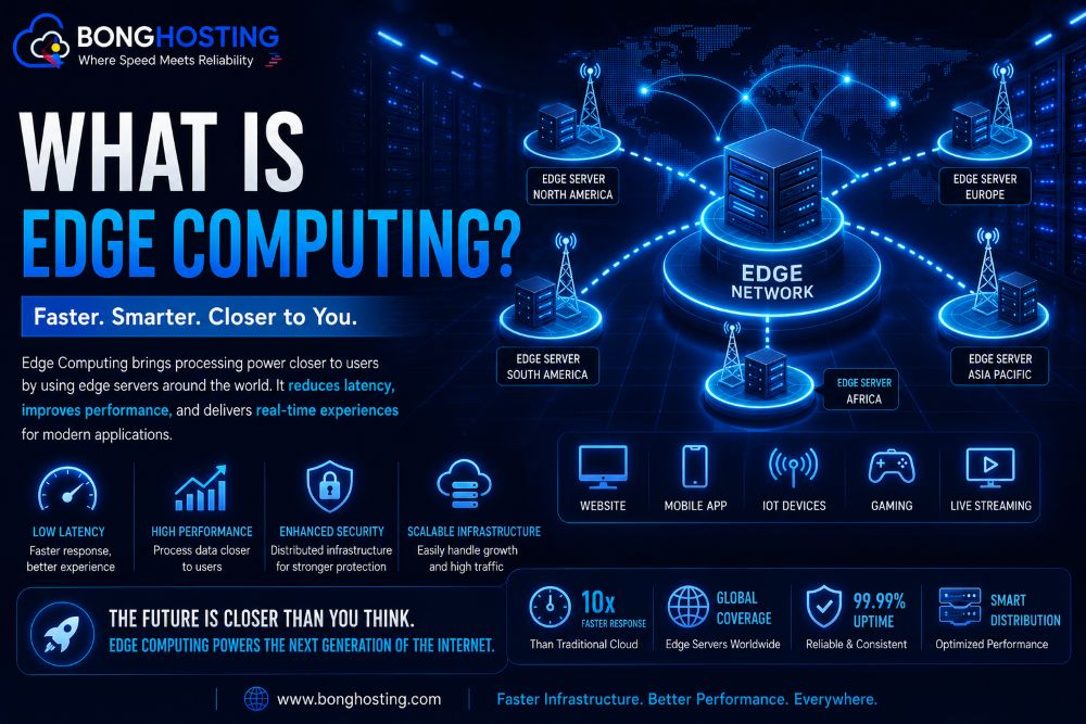 Edge computing beginner guide infographic showing global edge servers low latency infrastructure and faster web performance with BongHosting branding