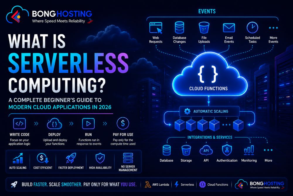 Serverless computing beginner guide infographic showing cloud functions automatic scaling and modern cloud infrastructure with BongHosting branding
