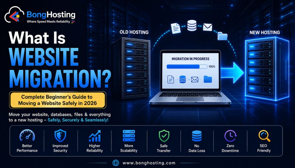 Website migration beginner guide infographic showing hosting transfer between servers with BongHosting branding