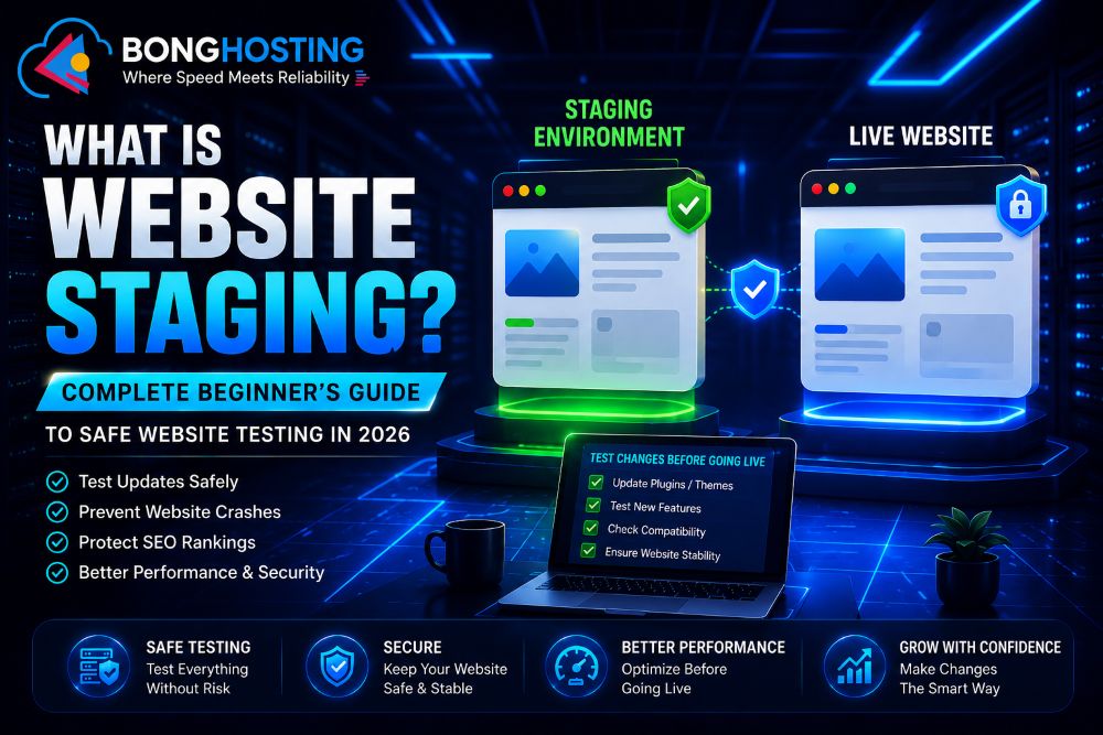 Website staging beginner guide infographic showing staging and live website testing environment with BongHosting branding