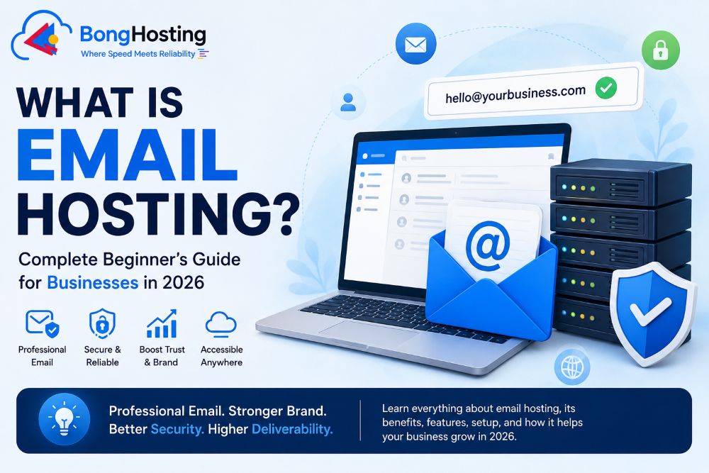 Professional email hosting beginner guide banner with secure business email servers and BongHosting branding